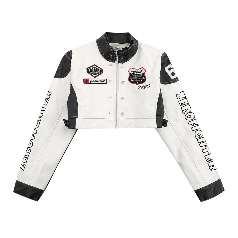 Women Jacket Short Embroidery PU Leather Jacket Baseball Uniform