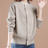 Women Knitwear Spring and Autumn Lace Trim Patchwork round Neck Sweater Loose Knitted Cardigan