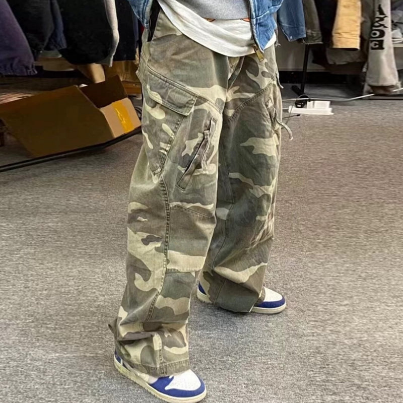 MIJKO Men's Vintage Pants MIJKO camouflage old-fashioned overalls men's and women's zipper pants