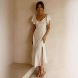 Women Dresses Spring and Summer Short Sleeve Sexy Backless V-neck Slit Dress (Jkw0408)