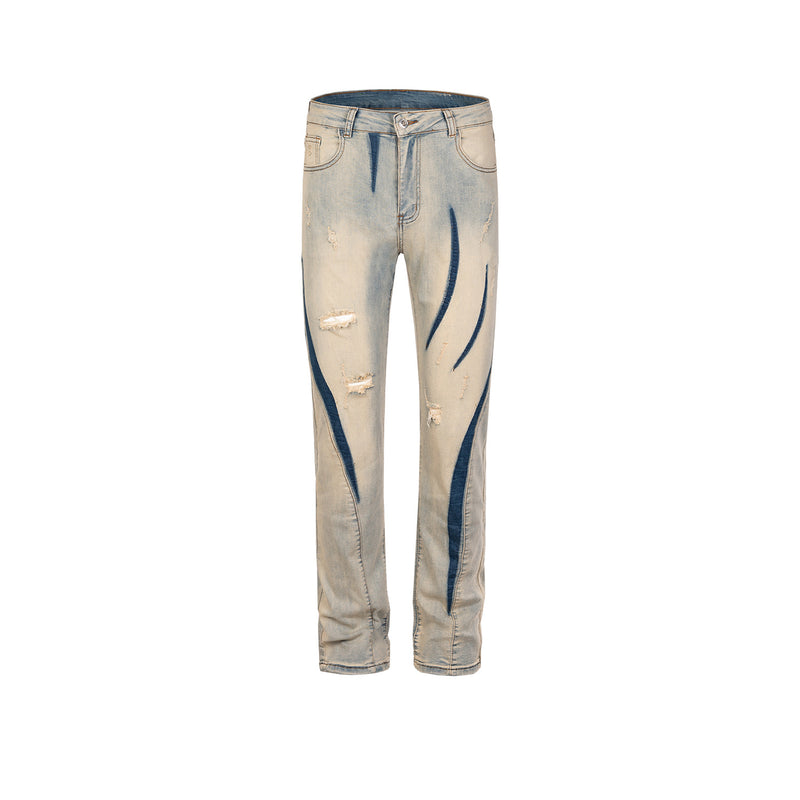MIJKO Men Vintage Pants MIJKO men's clothing women's color matching trousers trendy slim fit hole wash water old