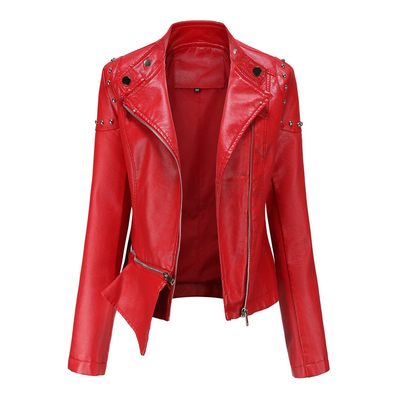 Red Leather Jacket Rivet Leather Clothing with Stand Collar Spring and Autumn Coat Women's Rivet Leather Clothing