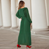 Women Date Dress Autumn and Winter V-neck Long Sleeve Pleated Dress