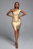 Women Evening Dress Bronzing Dress Bandage Sexy Backless One-Shoulder Hip Skirt