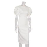 Women Dress round Neck Puff Sleeve Hip Skirt White Short Sleeve Dress