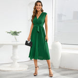 Women Date Dress Summer V-neck Pleated Sleeveless Waist Dress
