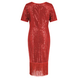 Women Date Dress round Neck Vintage Sequined Tassel Evening Dress
