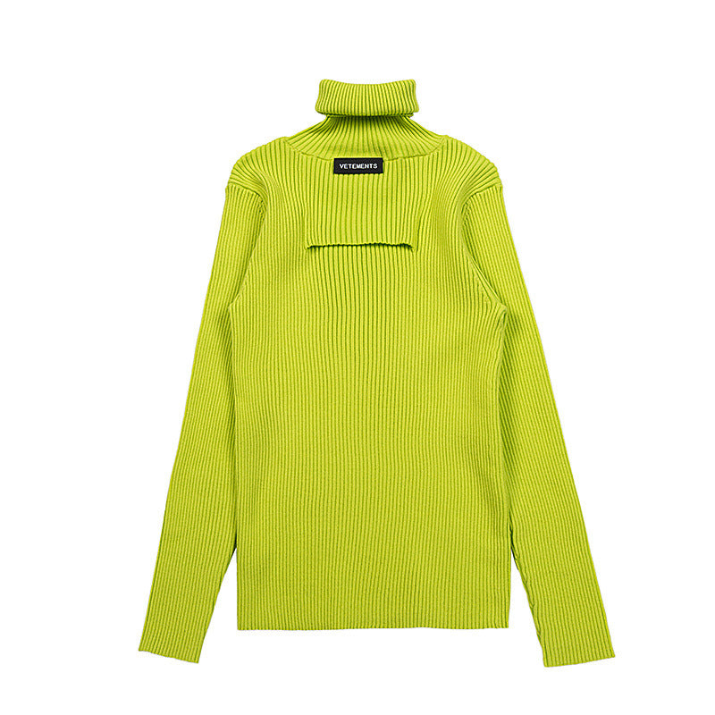 Vetements Sweater Slim-Fit Turtleneck Labeling Fluorescent Green Vertical Bar Knitted Sweater