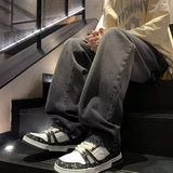 Men Jeans Vintage Black Tie-Dyed Jeans Oversize Wide-Leg Straight Pants