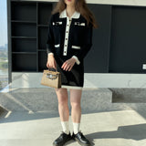 Women Knitted Two-Piece Set Spring Retro Black Short Skirt Two-Piece Set