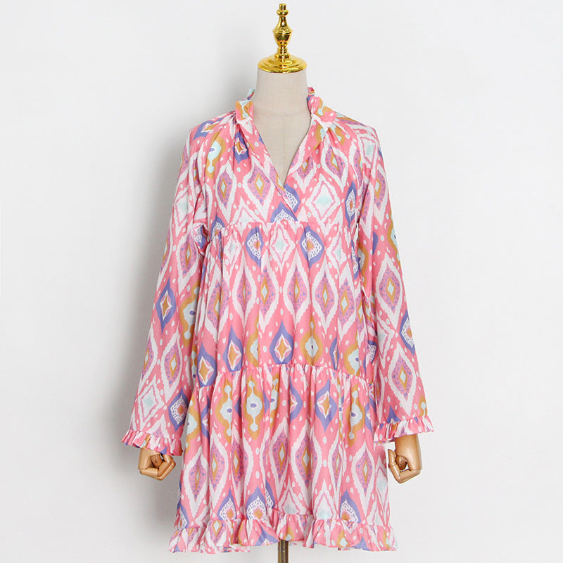 Women Dresses Spring V-neck Loose Leisure Short Dress (Qymy0409)