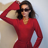 Women Dresses Winter V-neck Slim-Fit Long Sleeve Dress