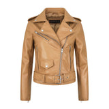 Women Leather Jacket Spring Solid Color Polo Collar Leather Coat