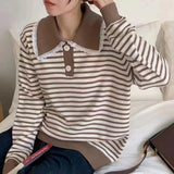 Women Knitwear Autumn and Winter Striped Lapel Knitwear Sweater