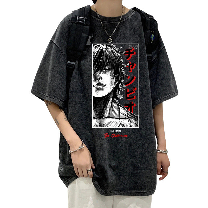 Summer Cotton Loose Washed Tops Tees Anime Print T-Shirt Men