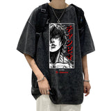 Summer Cotton Loose Washed Tops Tees Anime Print T-Shirt Men
