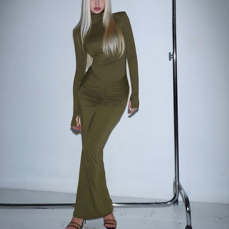 Women Dresse Turtleneck Long Sleeve Dress Slim-Fit Sheath Dress