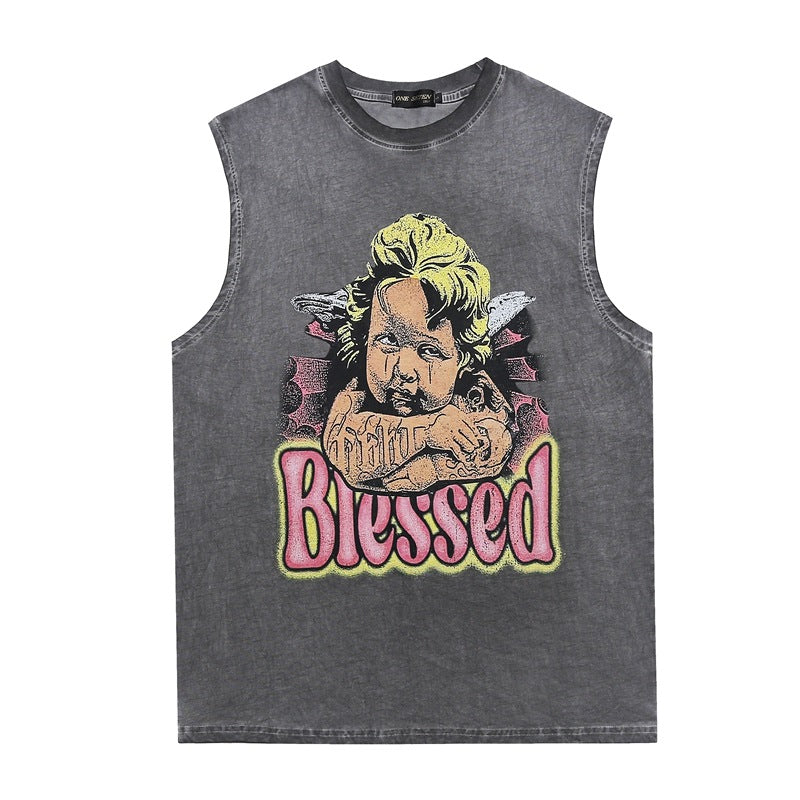 Men Vest Angel Print Distressed Vintage Retro Sleeveless T-shirt