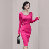 Women Maxi Dress Autumn and Winter round Neck Long Sleeve Slim Fit Hip Knitwear Dress