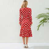 Women Date Dress Autumn and Winter Dress Sexy V-neck Polka Dot Printing Long-Sleeved Fishtail Dress