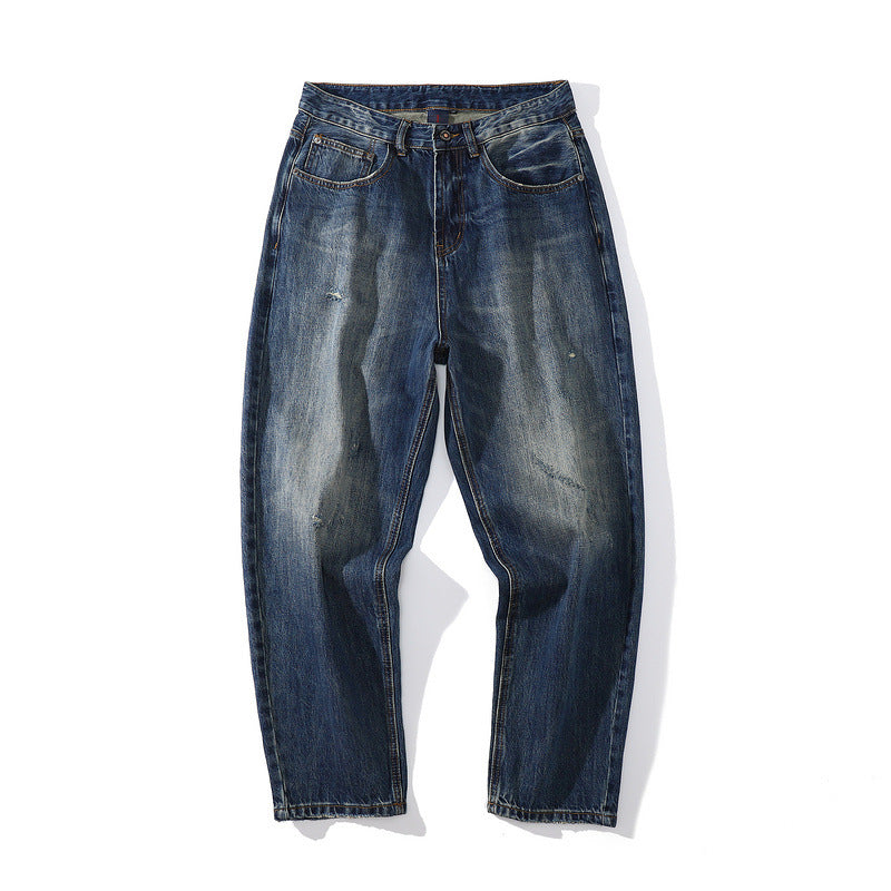 Men Jeans Vintage Denim Pants Loose Worn Looking Washed-out Straight Casual Pants