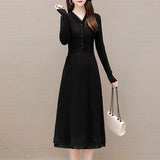 Women Knitwear Spring and Autumn V-neck Mid-Length Sweater Knitted Dress