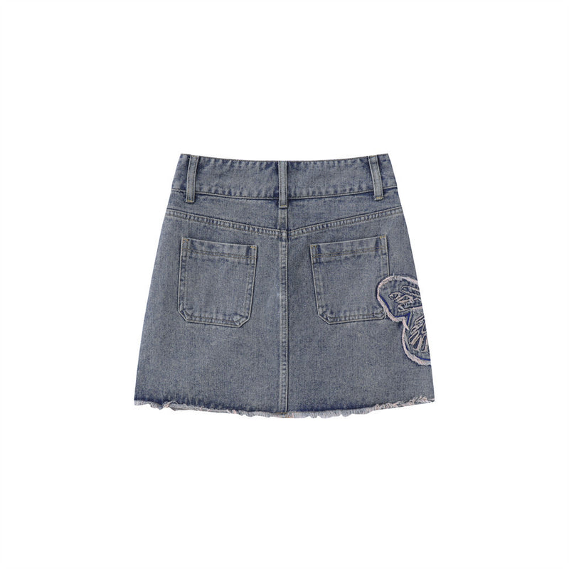 Women Skirt Patch Butterfly Embroidered Denim Skirt