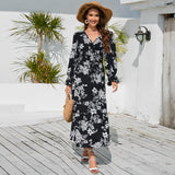 Women Date Dress Autumn and Winter Leisure Floral Print Long Sleeve Lace up Casual Dress Maxi Dress