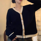 Women Knitwear Autumn Winter Retro Contrast Color V-neck Sweater Loose Knitted Cardigan