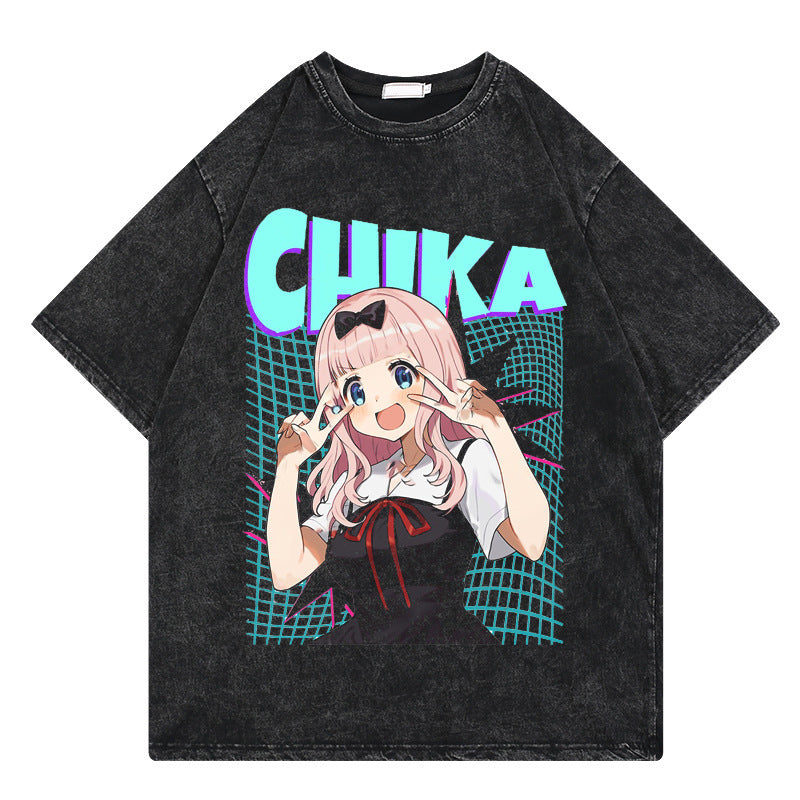 Washed retro T-shirt street print graphic casual cotton summer short sleeves