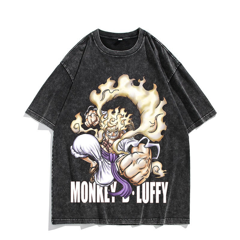 Anime Nika Luffy Washed Old Retro T-Shirt Short Sleeve