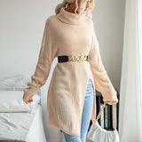 Women Knitted Sweater Fall/Winter Split Long Sleeve High Collar Sweater Dress