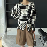 Women Cardigan Sweater Autumn Striped Long-Sleeved Top Loose round Neck 8t7300