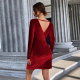 Women Dress Autumn Winter Sexy Backless Hip Skirt Long Sleeve Velvet Dress