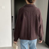 Women Cardigan Sweater Coat Long Sleeve Loose Zip Turn-down Collar Coat L1216