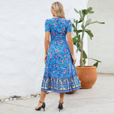 Women Date Dress Floral Dress Short Sleeve V-neck Bohemian A- line Skirt