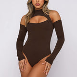 Women Jumpsuit Hollow out Autumn and Winter Turtleneck Long Sleeve Backless off-Shoulder Top