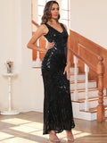 Women Evening Gown Sexy V-neck Vintage Party Sequins Dress