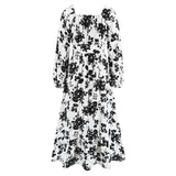 Women Date Dress Autumn Winter Sexy Long Sleeve V-neck Lantern Sleeve Backless Floral Long Tie Dress
