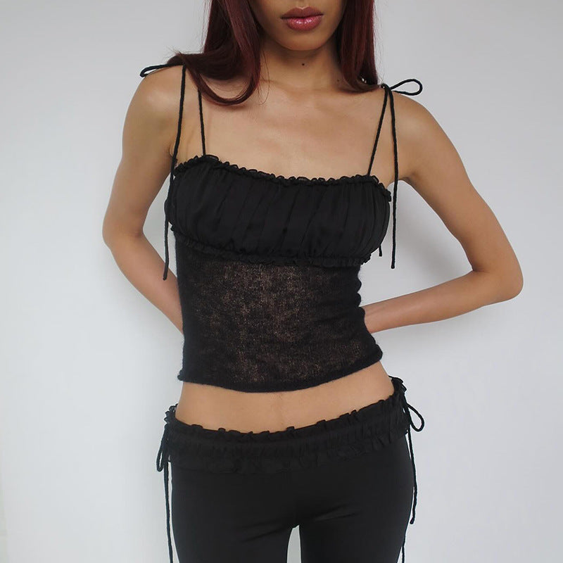 Women Tops Summer Sexy Slim Fit Spaghetti Straps Knitted Top (Csm202404)