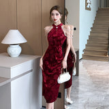 Women Maxi Dress Autumn Winter Retro Sexy Formal Dress Velvet Cheongsam Dress