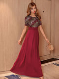 Women Evening Gown Sexy Big Swing Chiffon Stitching Sequins Dress