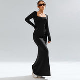 Women Dress Black Knitted Long Sleeve Narrow Long Dress with Square Collar