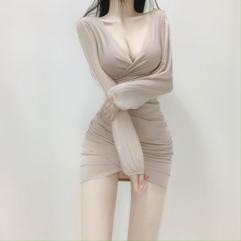 Women Dresses Collar Lace Puff Sleeve Dress Long Sleeve Sexy Pleated Hip Skirt