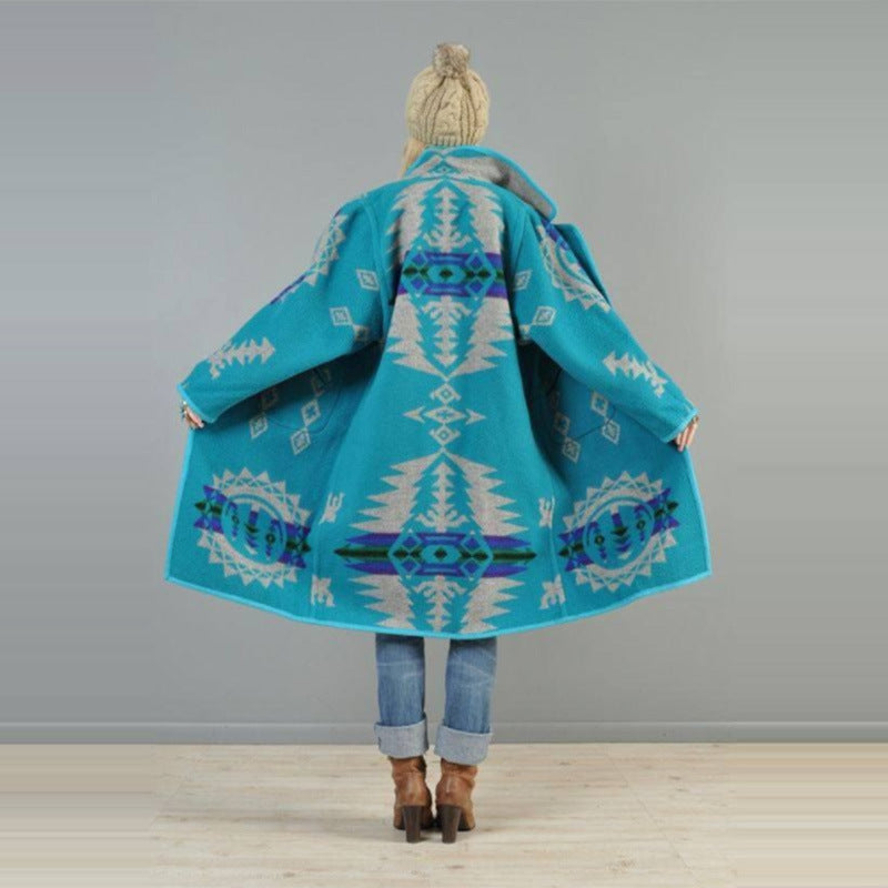 Women Trench Coat Fall and Winter Lapels Printed Casual Printed Jacket
