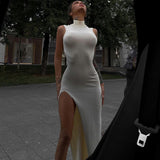 Women Dresses round Neck Sleeveless Slim Fit Slit Long Dress