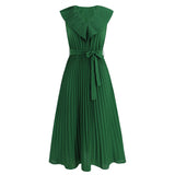 Women Date Dress Chiffon Pleated Dress Slim Fit Elegant Solid Color V-neck Dress