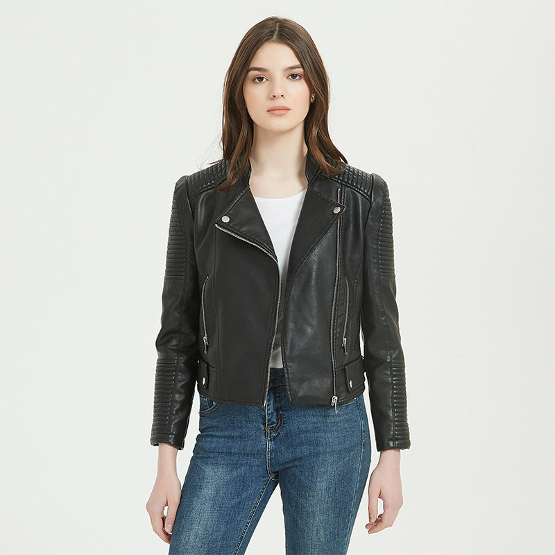 Women Leather Jacket Short Jacket Zipper Casual Cotton Line Pu Short Coat Motorcycle Clothing