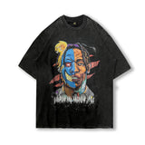 Men T Shirt Portrait Printing Washed and Worn Short Sleeve T-shirt