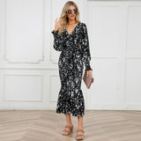Women Date Dress Long Dress Leopard Print V-neck Belt Printed Fishtail Skirt